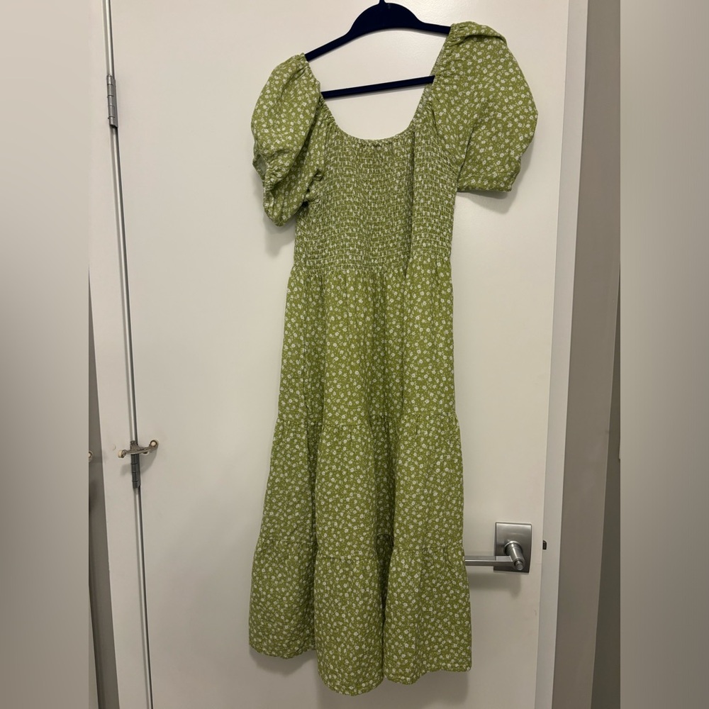 Sotela Green Floral Smocked Midi Dress (with pockets!)
